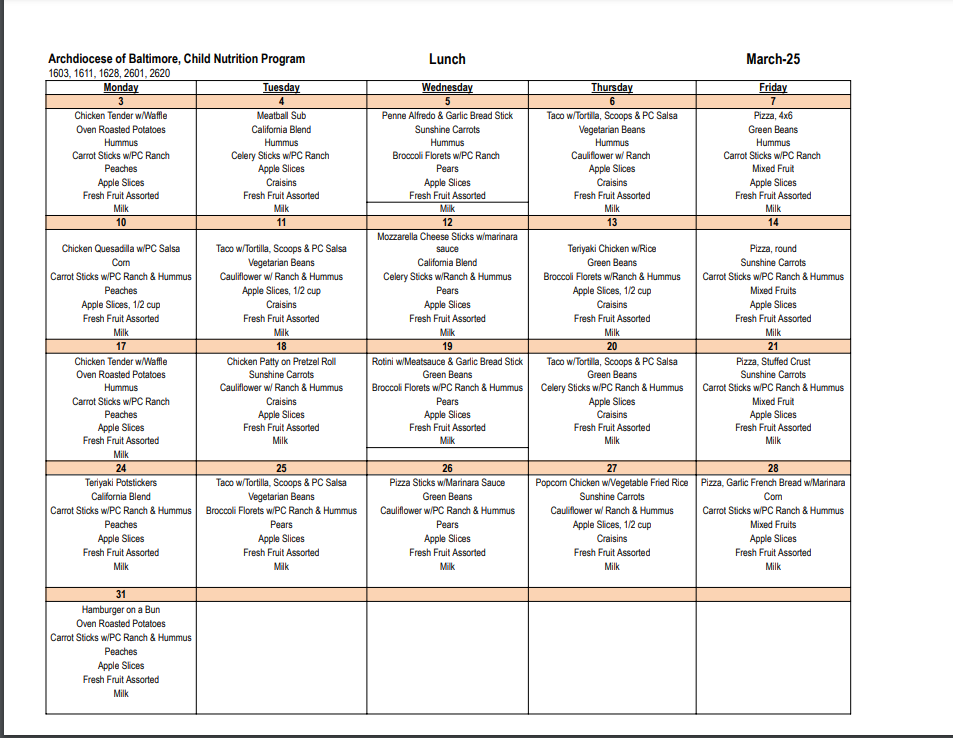 Example Lunch Menu at ABS