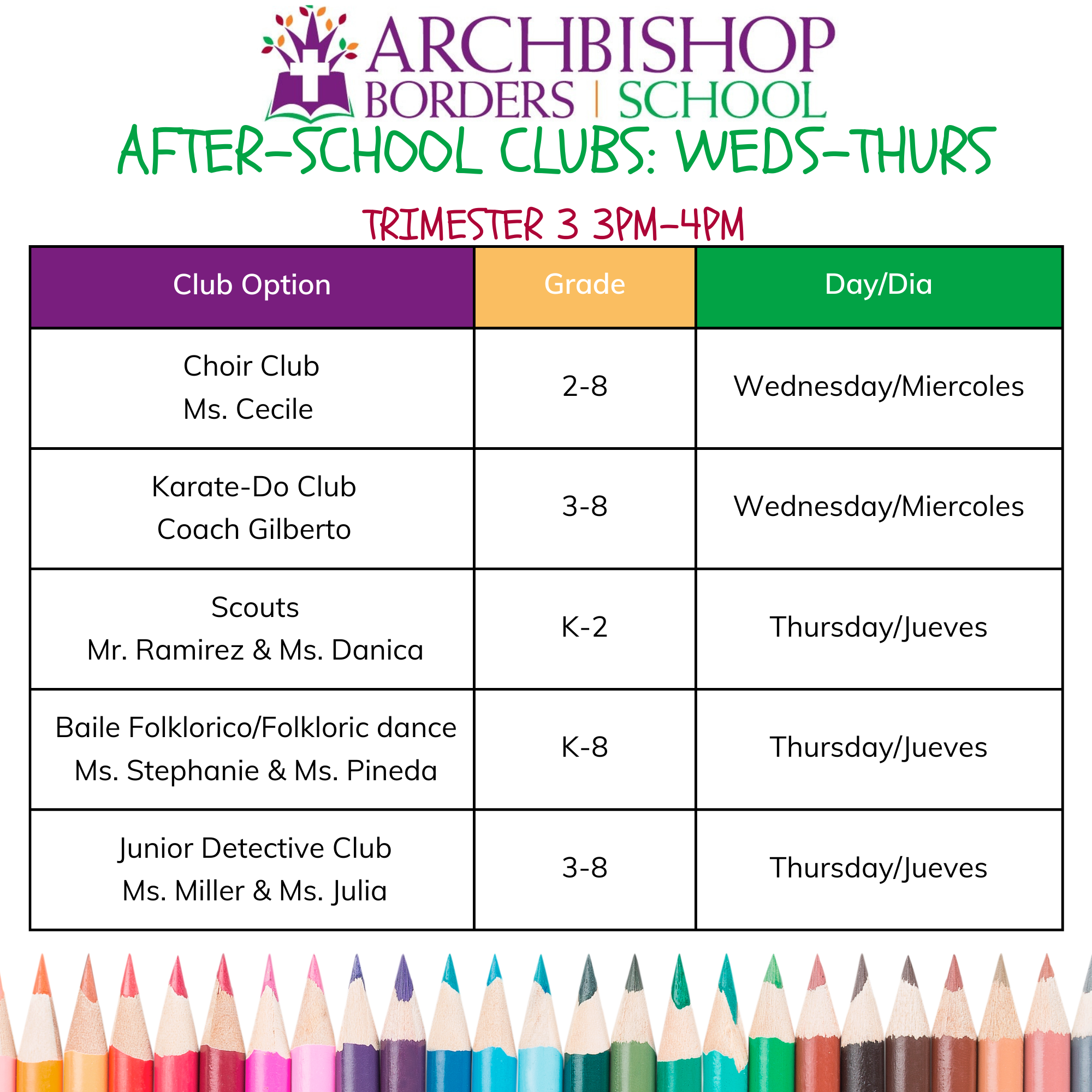 After-School Clubs & Activities Wed-Thurs