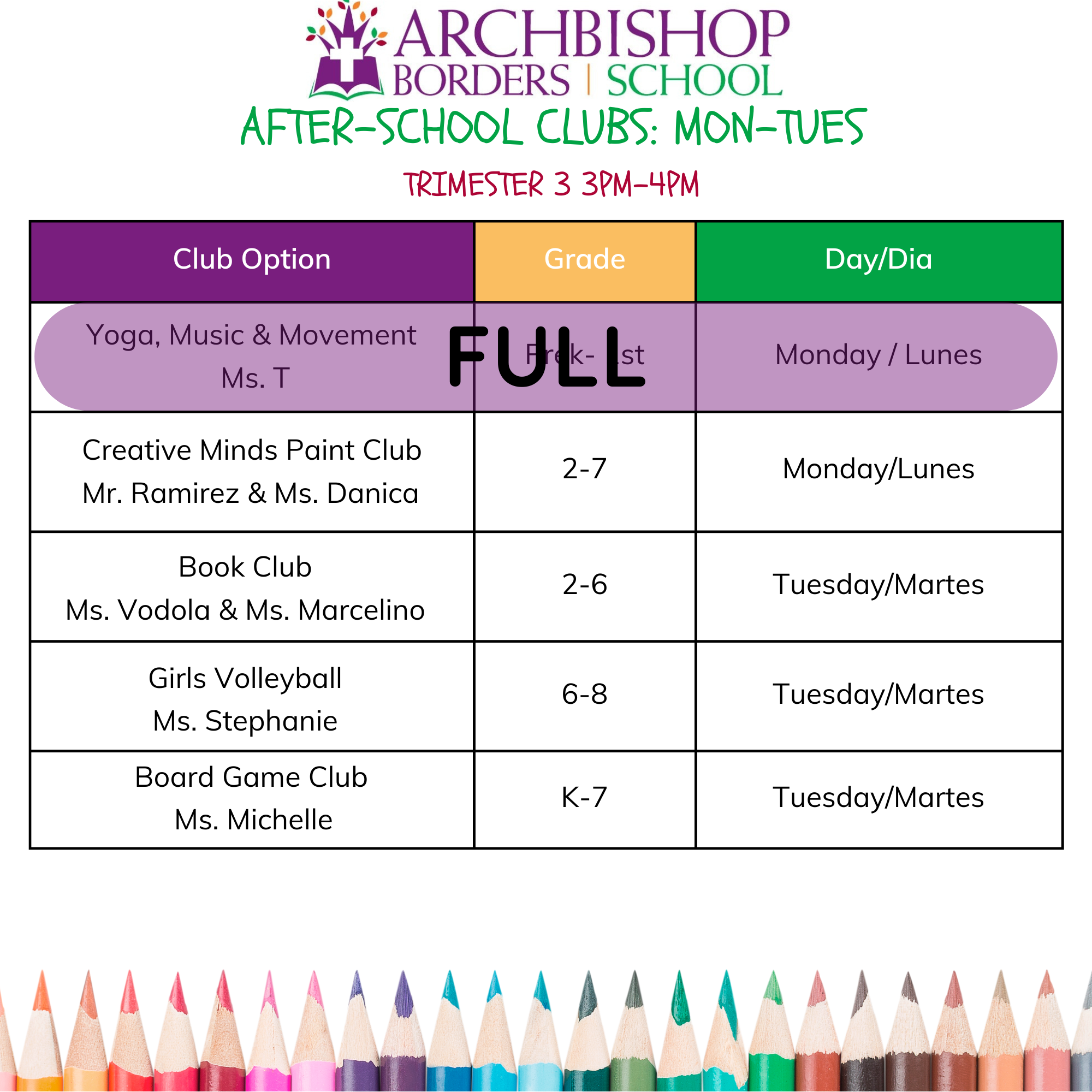 After-School Clubs & Activities Mon-Tues
